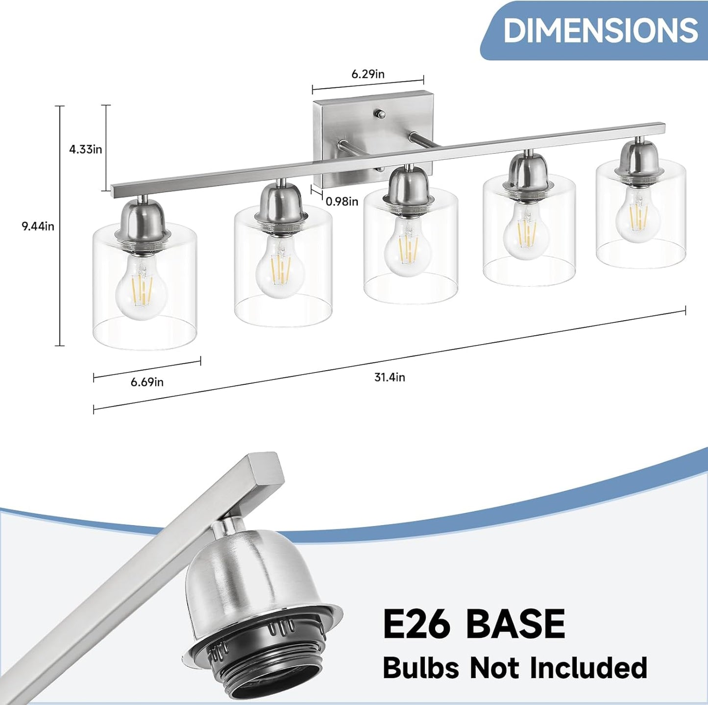Modern Brushed Nickel 5 Light Bathroom Vanity Light, 31 inch Bathroom Lights Fixtures, Vanity Lights for Mirror Kitchen Living Room Hallway Cabinet Porch