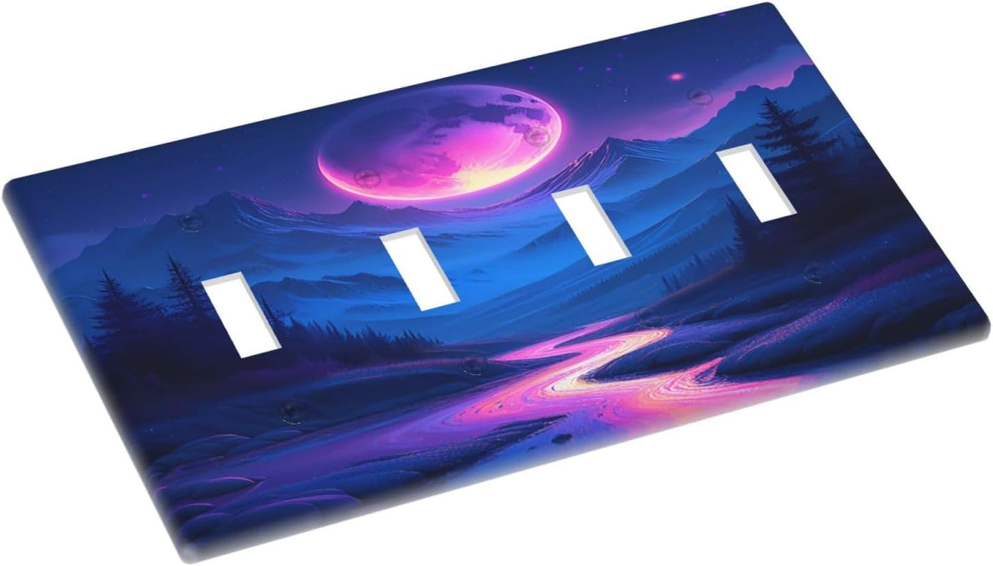 Purple Cyberpunk River Full Moon Mountain Forest Light Switch Covers Quad Toggle 4 Gang Wall Plate Decorative Switch Plates Electrical Faceplate for Bedroom Bathroom Decor