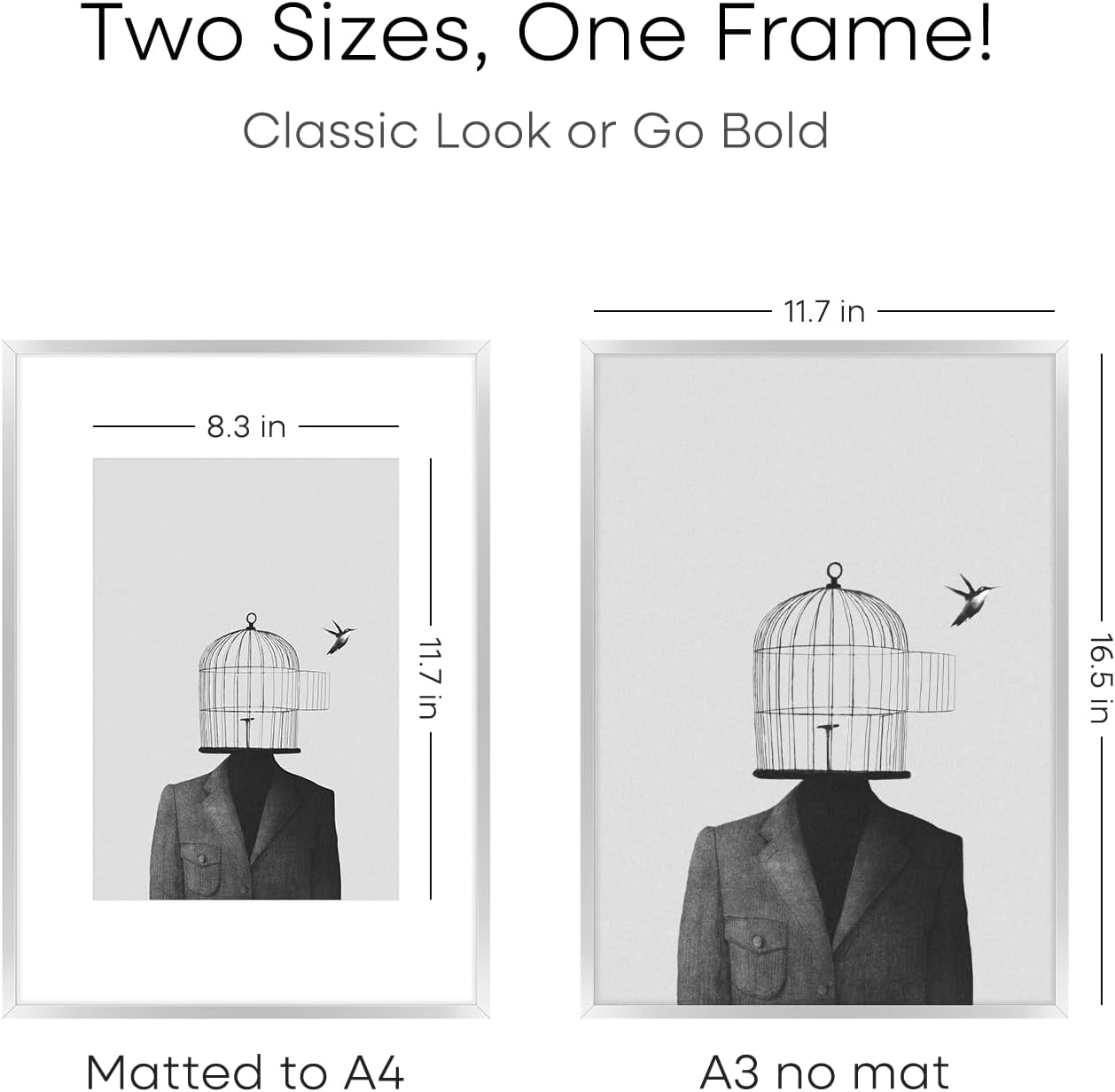 Homeforia A3 Picture Frame Silver, High End Metal 11.7 x 16.5 inch Poster Frames with Mat 8.3 by 11.7 for Photo, A3 Size Frames Matted to A4 Art, 11.7x16.5 Wall Hanging Frame, Tempered Glass, Set of 2