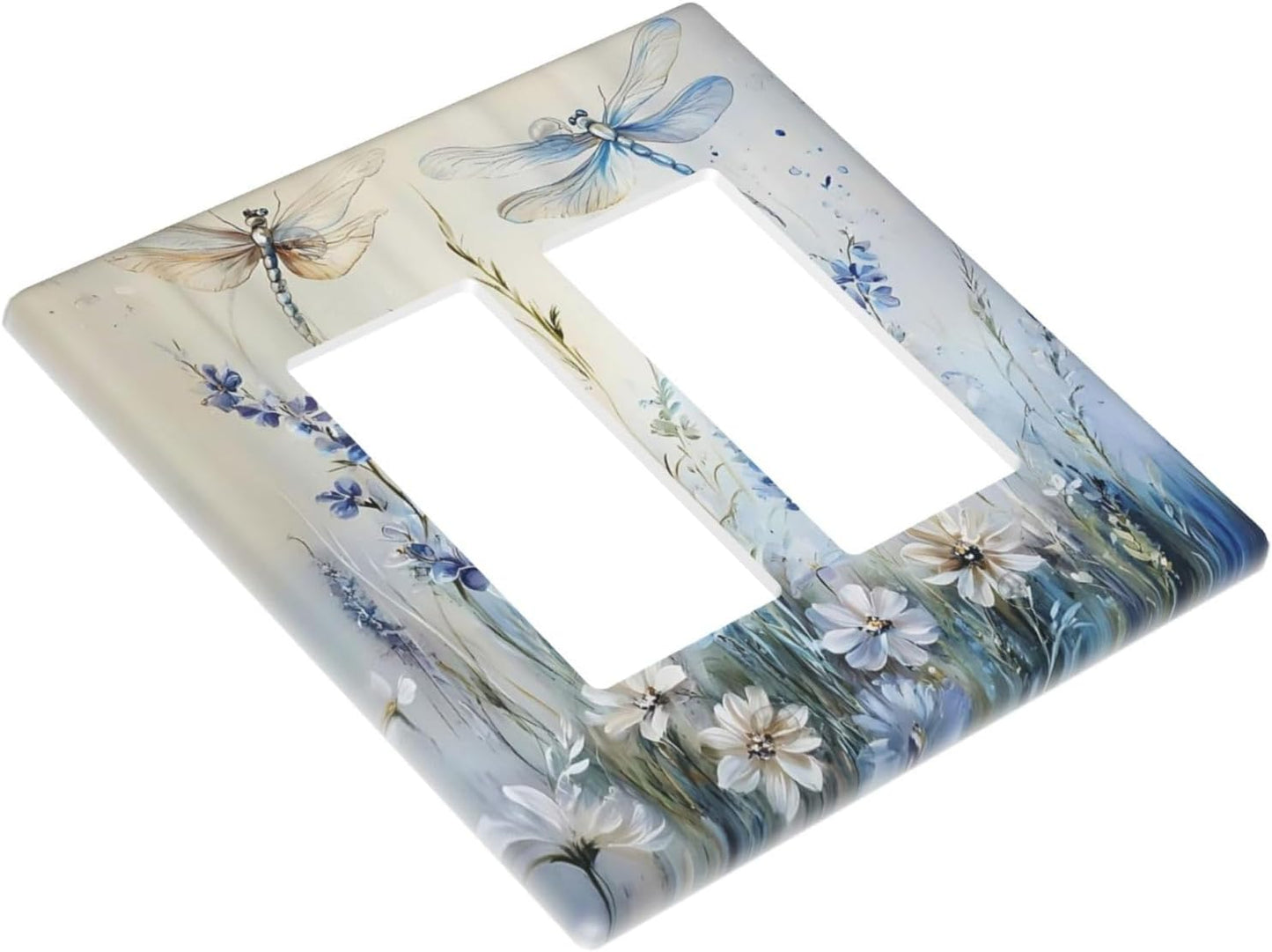 Decorative Outlet Covers Watercolor Dragonfly Blue Wihte Flower 2 Gang Light Switch Cover Plate Double Rocker Wall Plates for Electrical Outlets Switch Plate Covers for Bedroom Home Decor