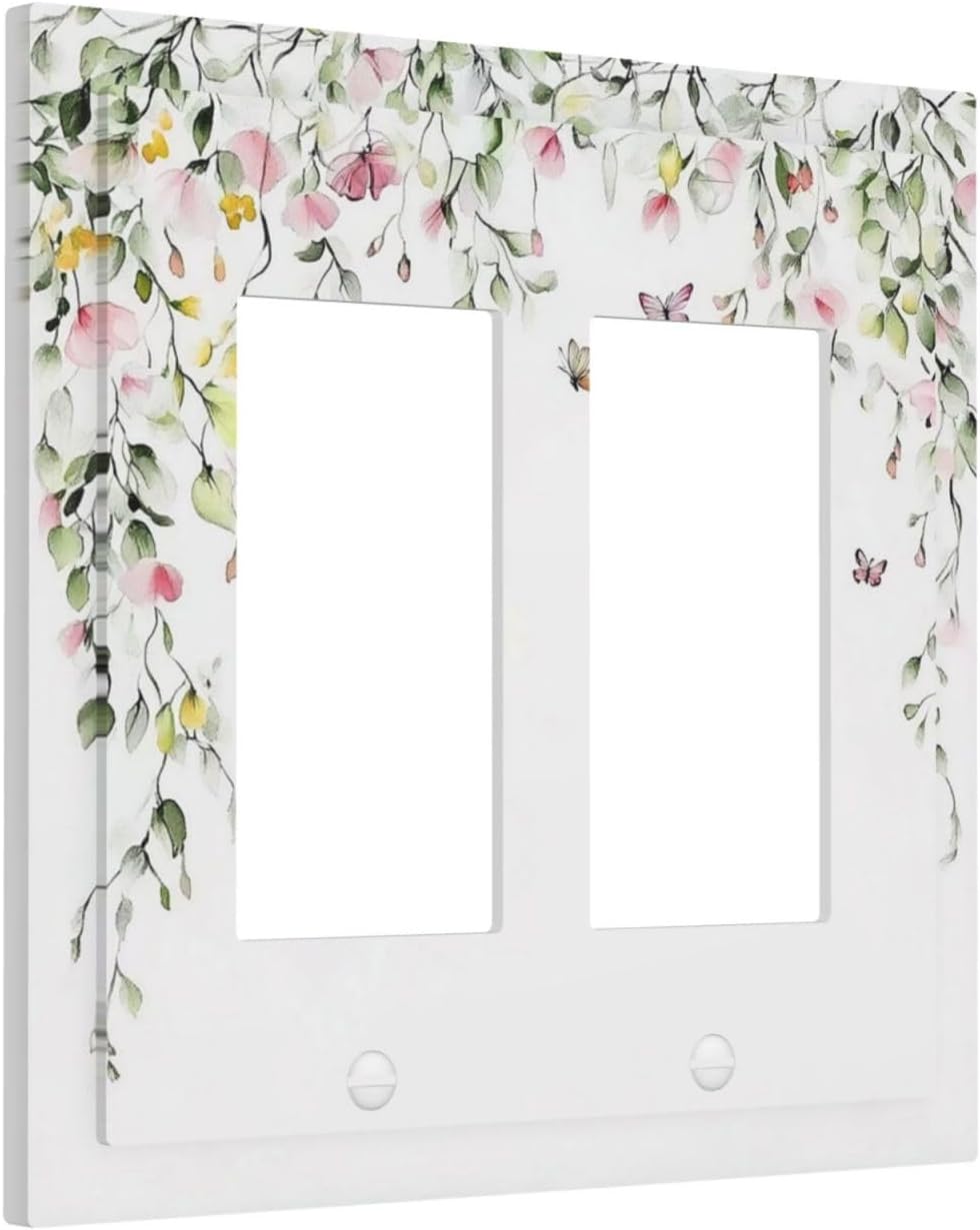Watercolor Flowers Vine Colorful Butterfly Floral Decorative Outlet Covers 2 Gang Double Gfci Rocker Electrical Wall Panels Light Switch Cover Plate For Bed Room Living Room Decor