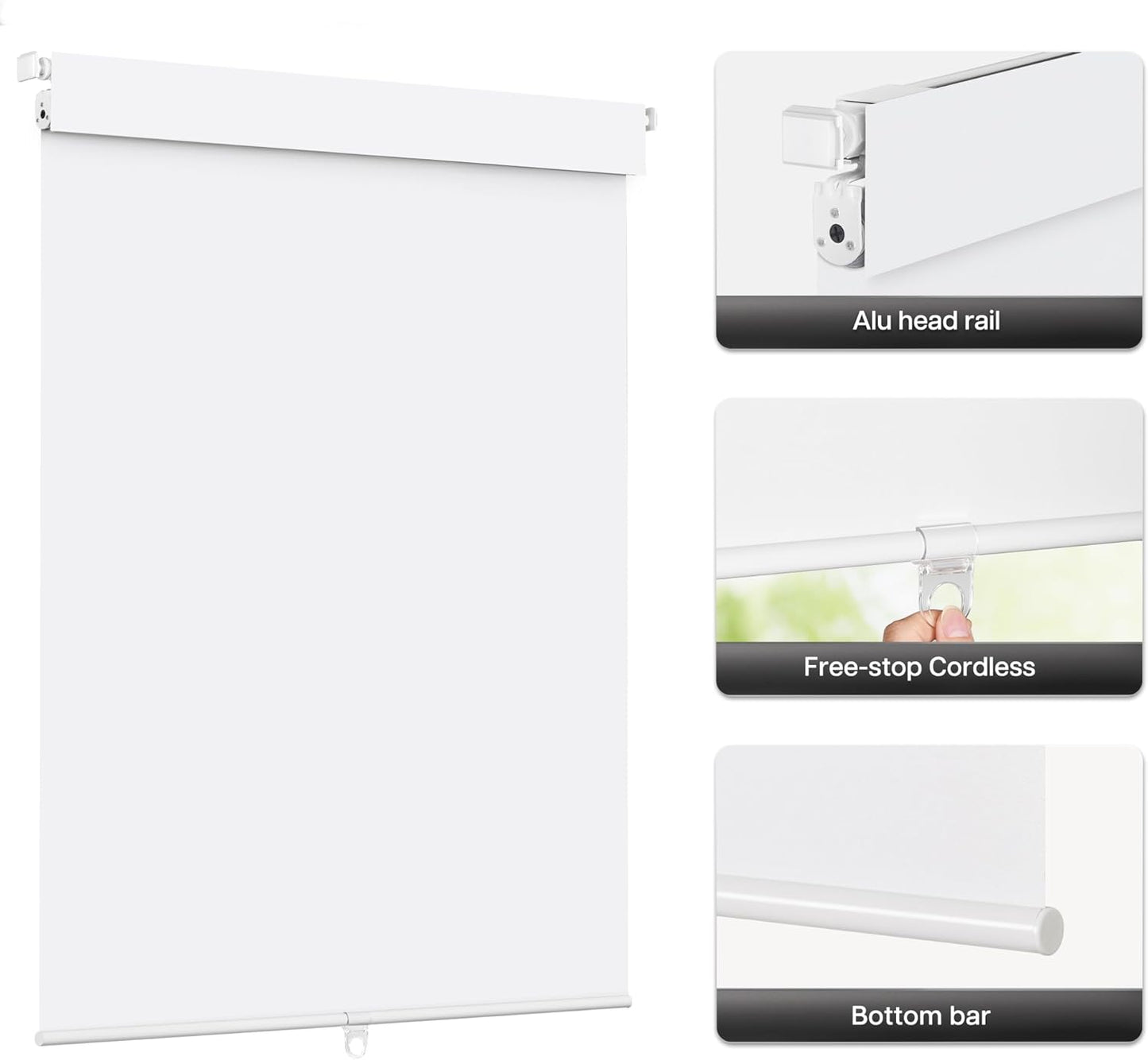 LazBlinds No Drill Blinds for Indoor Windows, Blackout Roller Shades, Cordless Window Blackout Blinds, Thermal Insulated Fabric UV Protection for Home and Office, 26.5" W x 72" H, White