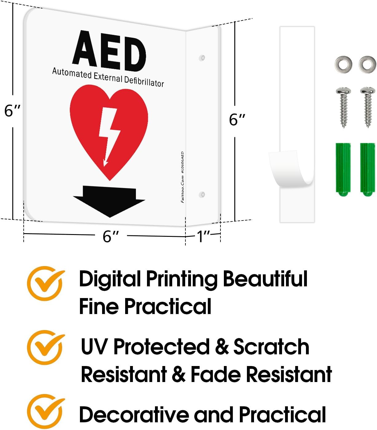 Faittoo AED Sign, AED Automated External Defibrillator with Down Arrow Sign, 6x6 Inches 90D Projection - Acrylic, 2 Pre-Drilled Holes, Includes Matching Screws, Use for Home Office/Business, 2 Pack