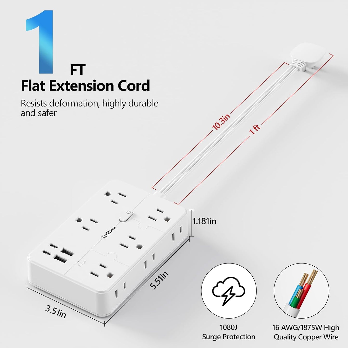 Surge Protector Power Strip 1 FT Flat Extension Cord ，10 AC Outlets & 4 USB Ports(5V/3.4A 17W), 1080J ，Wall Mountable Desktop Charging Station with Flat Plug for Office Supplies and Home, White