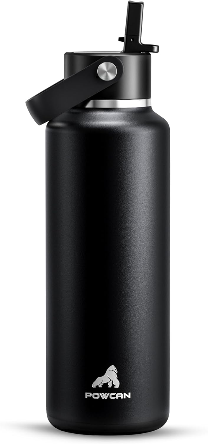 POWCAN 18 oz Kids Water Bottle: Leakproof, Keep Cold 24H, Cupholder Friendly, Top Handle, BPA-Free, Slim Insulated Water Bottle with Straw for School, Sport, Travel, Gym, Running (Midnight Black)