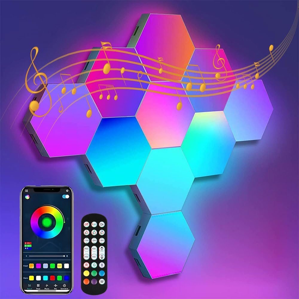 Hexagon LED Wall Light Panels: Smart RGB Color-Changing Hexagon Lights with App & Remote Control, Music Sync Mode,DIY Wall Decor for Bedroom, Gaming Room, Home Theater (8)