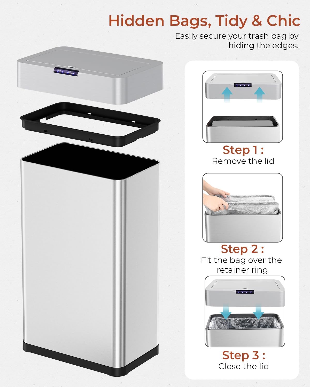 TLSUNNY 13.2 Gallon Motion Sensor Trash Can,Touchless Automatic Garbage Can,Brushed Stainless Steel Smart Bin,with Bag Holder,Soft Close Lid,for Kitchen,Office,RV,Bedroom,Living Room (Silver, 50L)