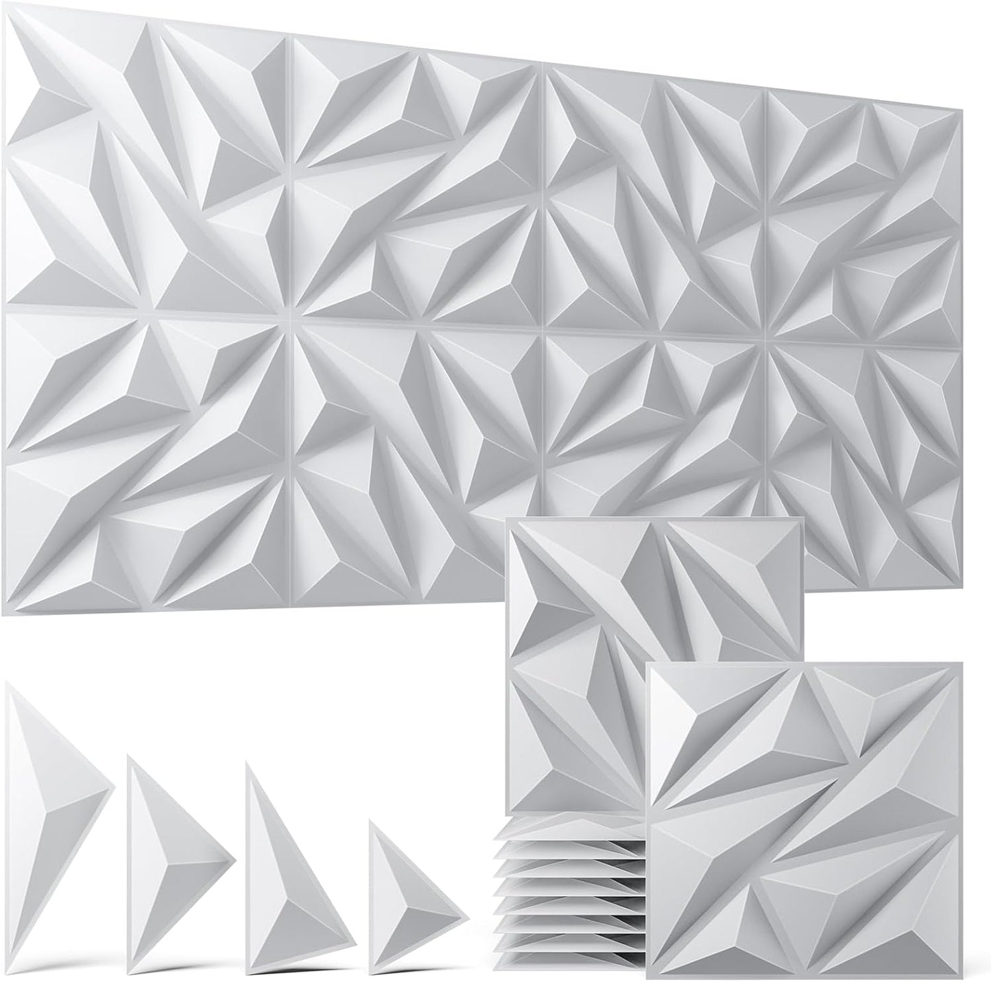 16 Pack White 3D Wall Panels for Interior Wall Decor, 11.8'' x 11.8'' Decorative Wall Panels, Accent Wall Panels, 3D Diamond Design Wall Decor for Living Room, Bedroom, Gaming Room