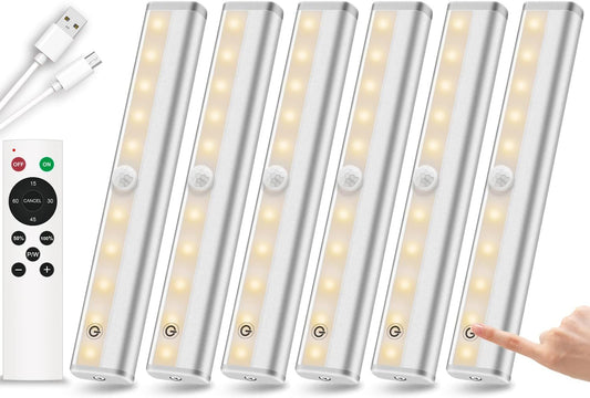 Remote Control Under Cabinet Lighting Wireless 6 Pack, 20-LED Dimmable Closet Lights Rechargeable Under Counter Light, Stick on Touch Night Light Strip Bar for Kitchen Stairway Bedroom, 3 Colors