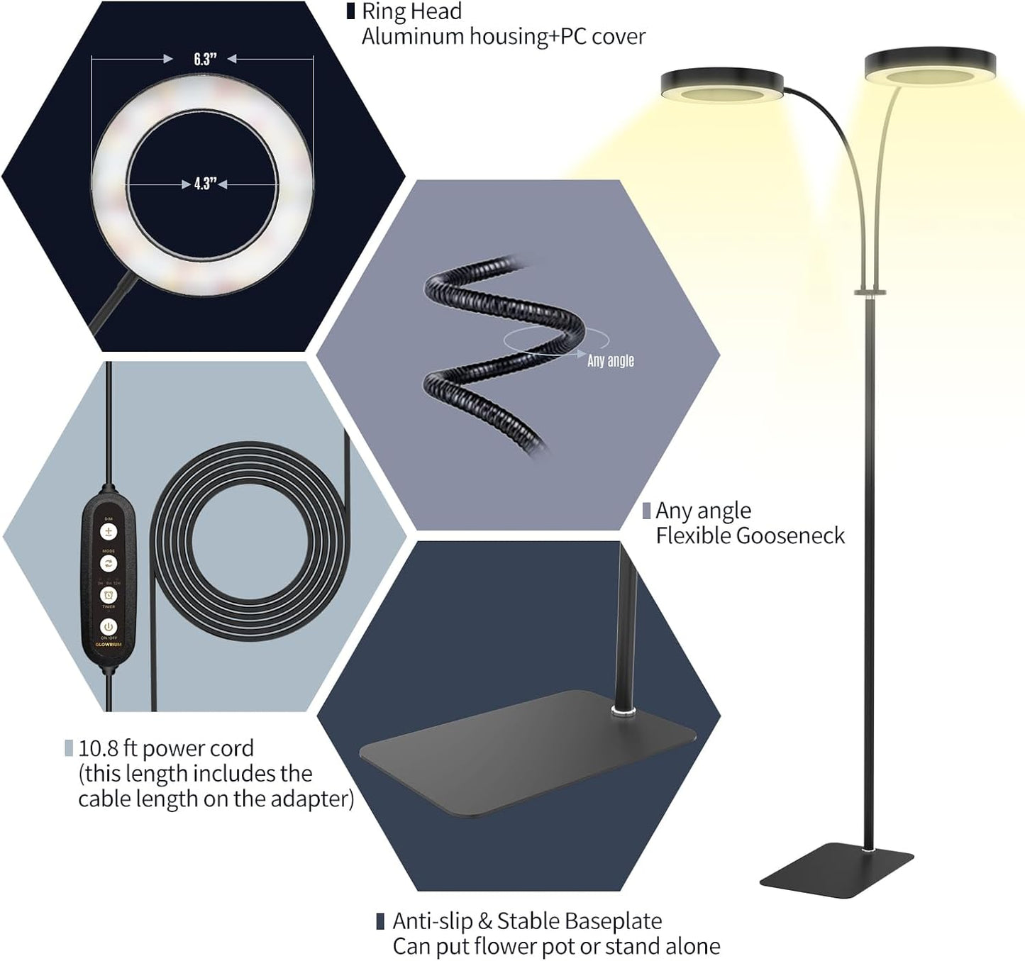 GLOWRIUM Grow Lights for Indoor Plants, 36W Full Spectrum 2-Head LED Plant Light with Stand, Adjustable Height, 3/9/12H Timer, 6 Dimmable Levels & 3 Lighting Modes(Black-Double Head)