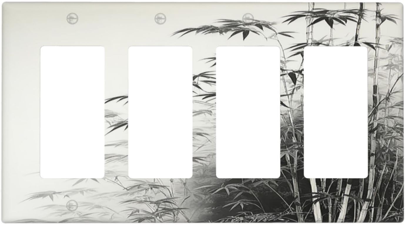 Watercolor Vintage Ink Bamboo Forest 4 Gang Wall Plates Outlet Covers Quad Rocker Light Switch Cover Plate Decorative Switch Plates GFCI Electrical Faceplate for Bathroom Bedroom Decor 4.5 X 8 IN