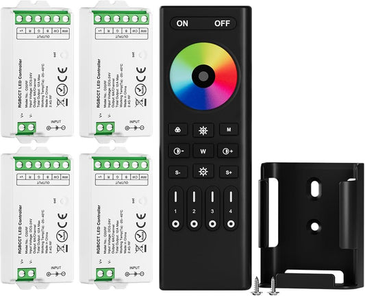 BTF-LIGHTING 5050SMD FCOB COB RGBCCT RF 2.4GHz Wireless Remote RC03RFB &4PCS C05RF Tuya Controller Kit 4 Zones Group Control PWM RGBWW (+ R G B C W) 6pin LED Strip DC5V DC12V DC24V