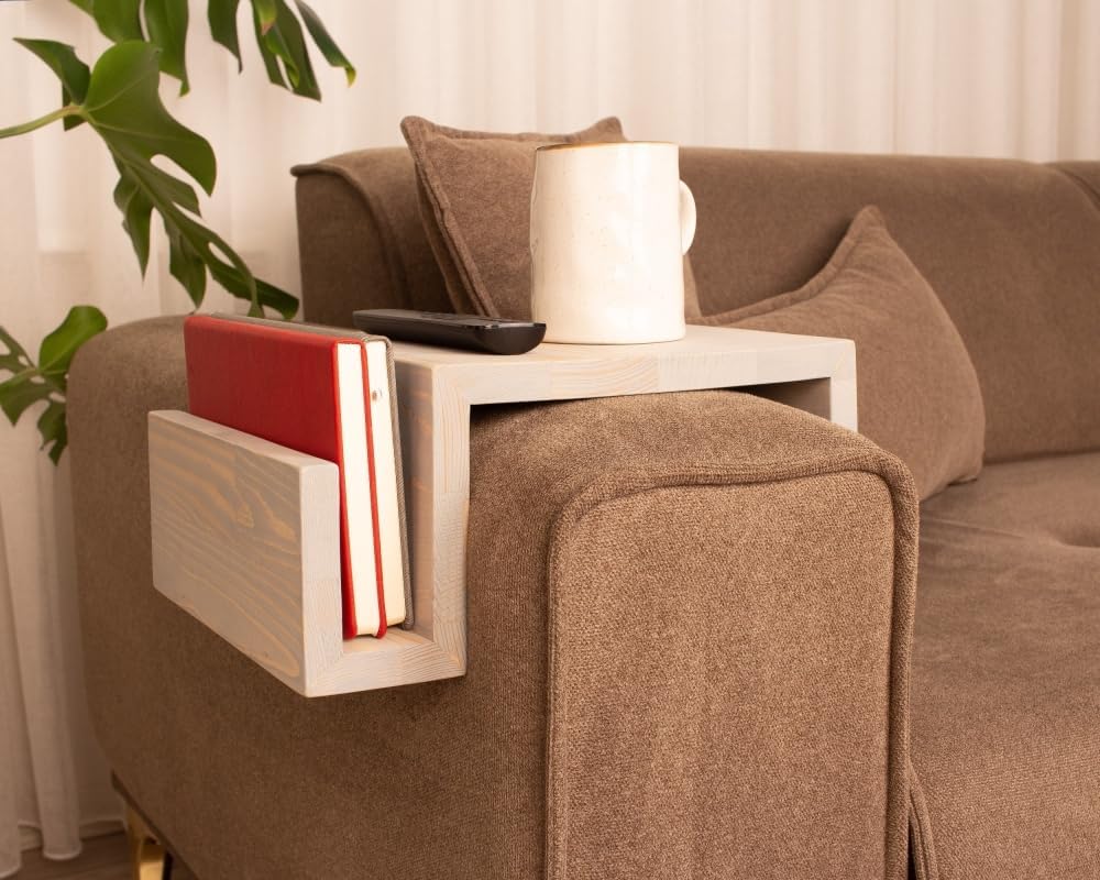 Wooden Couch Arm Tray – Sofa Armrest Table with Book & Magazine Holder, Perfect for Coffee & Remote Control, Solid Wood (Istanbul)