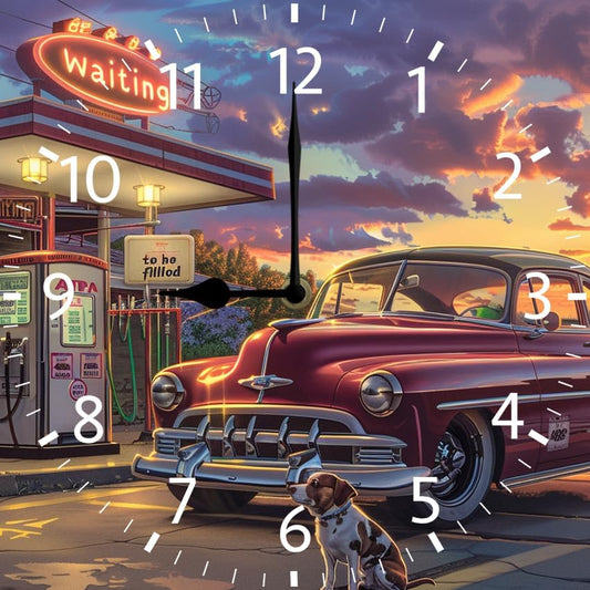 10 in Old Fashioned Gas Station Car -294 Wood Wall Clock – Digital Time Display, Smart Home Compatible for Bedside or Workspace