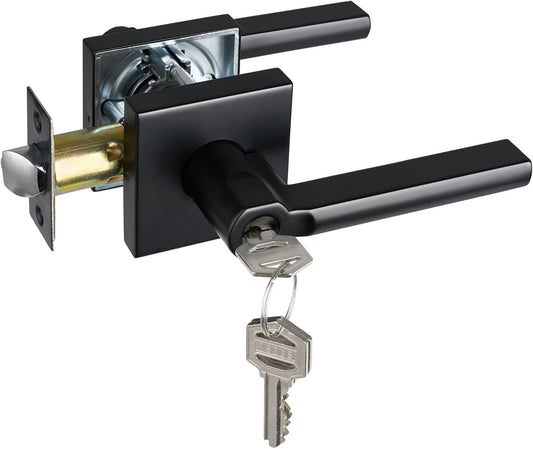 Keyed Entry Door Lever with Lock, Heavy Duty Square Interior Handle for Front Door and Office, Matte Black, Reversible for Right&Left Handed, 1Pack