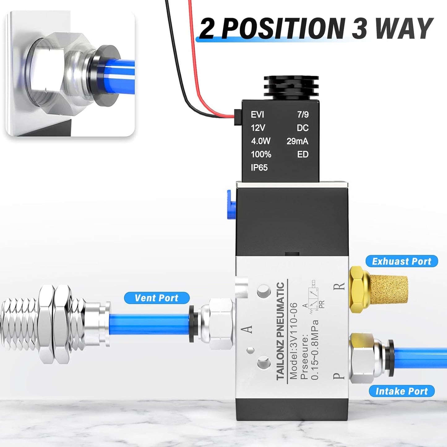 TAILONZ PNEUMATIC 1/4"NPT Solenoid Valve 3V210-08 DC12V Single Coil Pilot-Operated Electric 2 Position 3 Way Connection Type(Outlet wire)