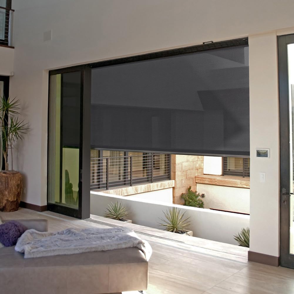 ZSHINE Hard-Wired Outdoor Snow Blocking Weatherproof Motorized Patio Roller Shades Remote Control for Porch Balcony Customized Size (Black 10% Openness)