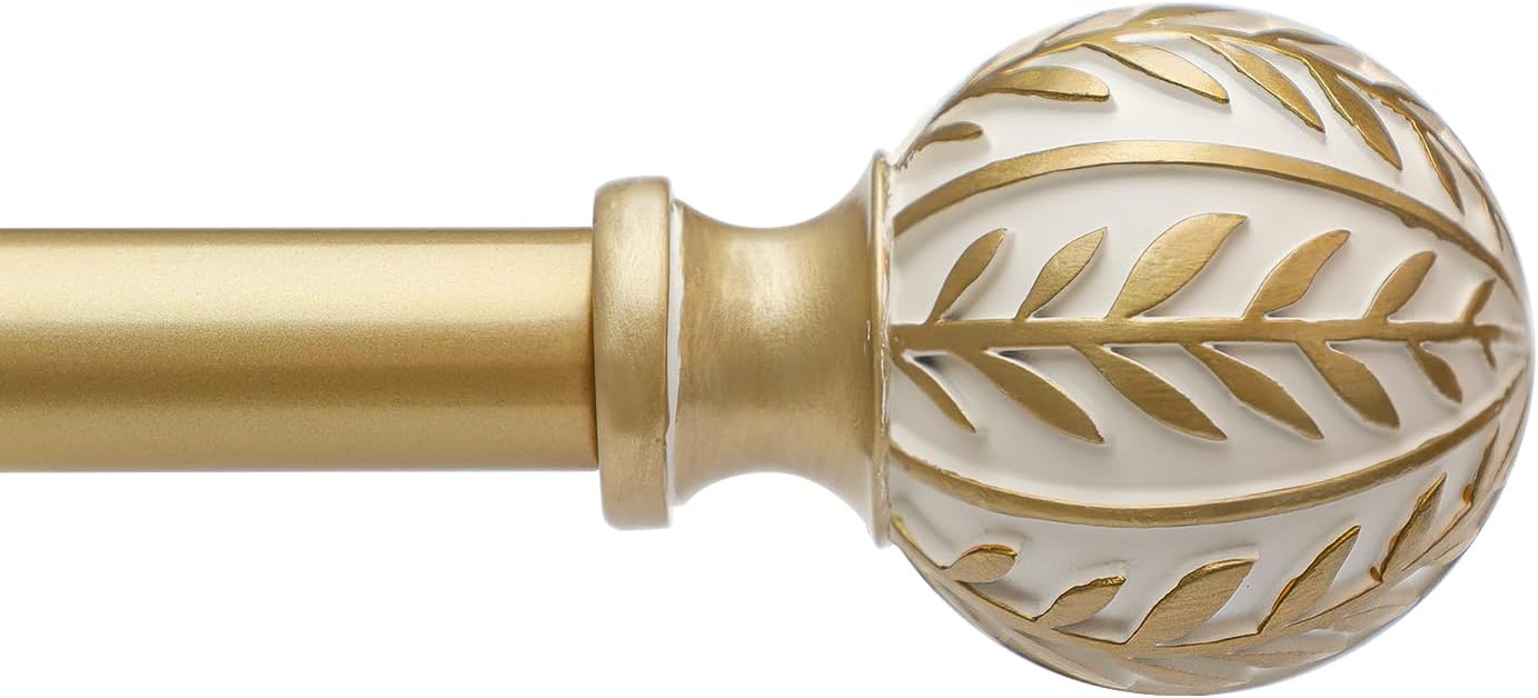 Gold Curtain Rods for Windows 72 to 144 inch,1" Adjustable Heavy Duty Window Curtain Rod Leaf Finials,Rustic Decorative Drapery Rods Set,Size:36-150''