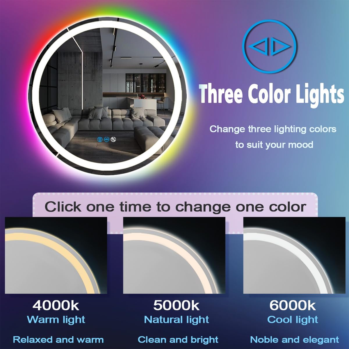 30 Inch LED Bathroom Mirror With Front Light 3 Colors + Rainbow RGB Color Changing Backlit Round Lighted Mirror for Wall Anti Fog 30" Smart Circle Mood Light up Mirror