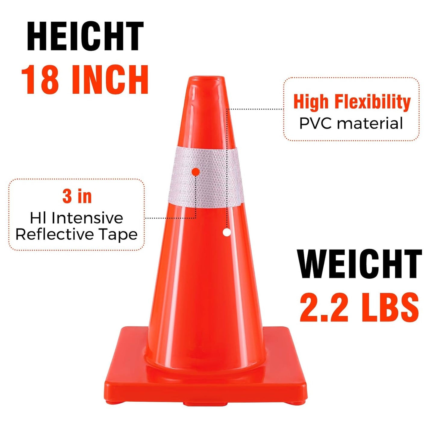 Traffic Safety Cones 18 Inch 4 Pack - Orange Road Parking Cones with Reflective Collars, Heavy Duty PVC Construction Cone Structurally Stable for Road Parking, Traffic Control, Driveway
