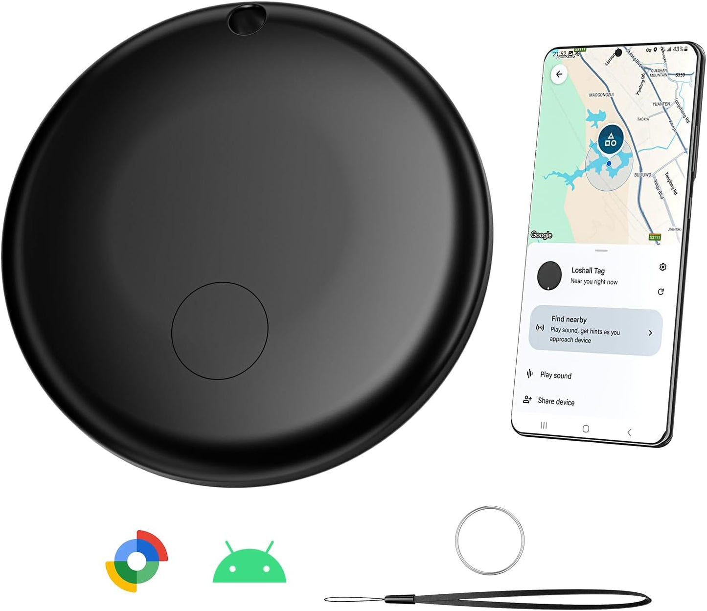 Smart Air Tag Tracker for Android, Google Android Tag Tracker Work with Google Find My Device (Find Hub), Key Finder/Luggage Tracker/Item Locator, 1 Pack Black