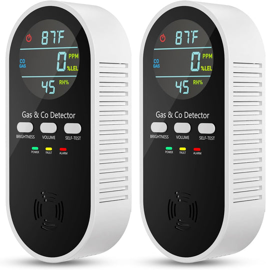Natural Gas Leak Detector & Carbon Monoxide Detectors Plug in, 5-in-1 Portable Carbon Monoxide Detector with Brightness & Volume Adjustment, Battery Backup for Home, RV, Travel, Camping (2 Packs)