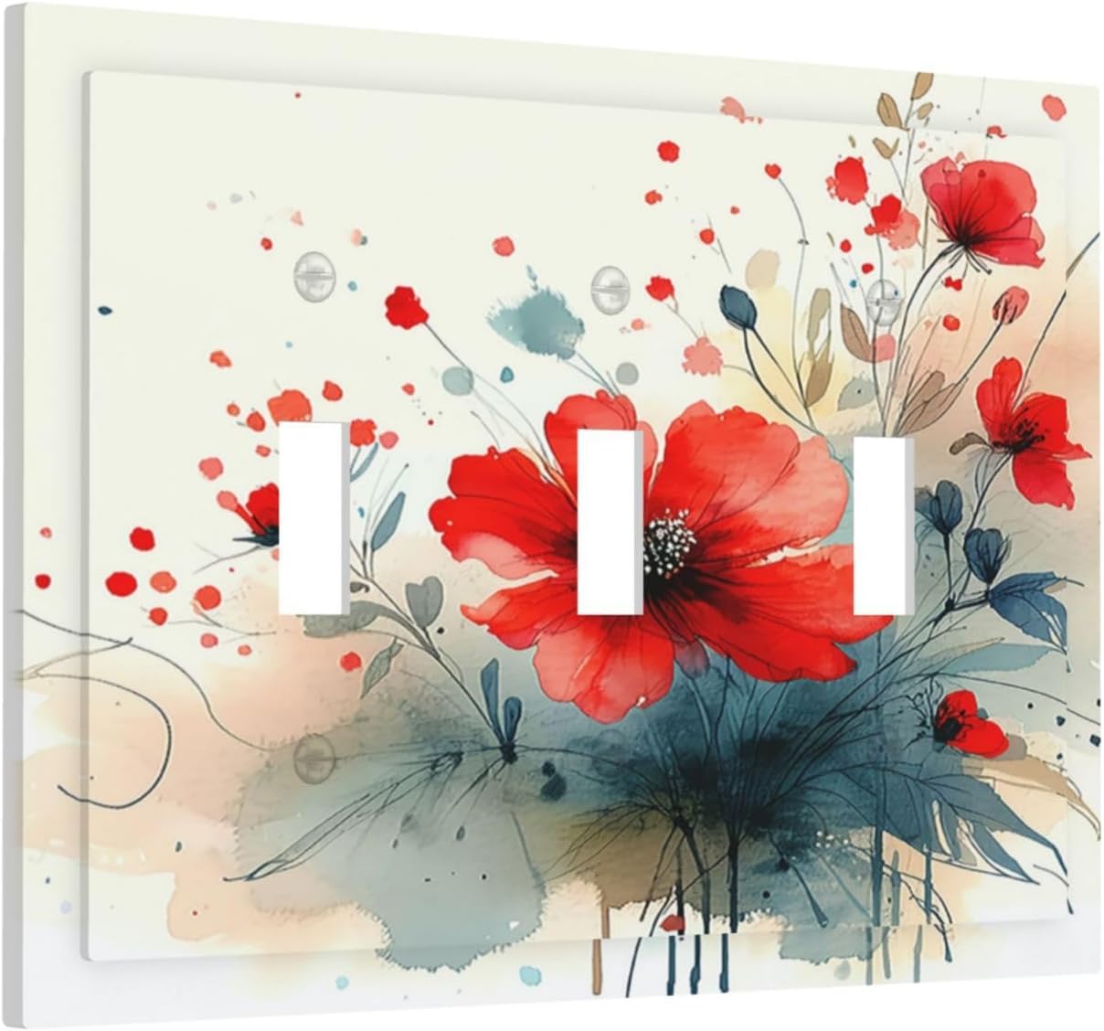 Vintage Floral Red Watercolor Modern Decorative Switch Plates 3 Gang Wall Plate Triple Toggle Light Switch Cover Electrical Wall Panels Faceplate for Bedroom Bathroom Decor