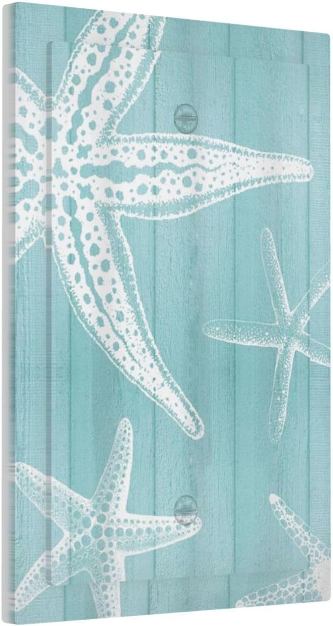 Decorative Light Switch Cover Plate Starfish Teal Wood Board Nautical 1 Gang No Device Single Blank Outlet Covers Wall Plates for Electrical Outlets Faceplate for Bedroom Home Decor