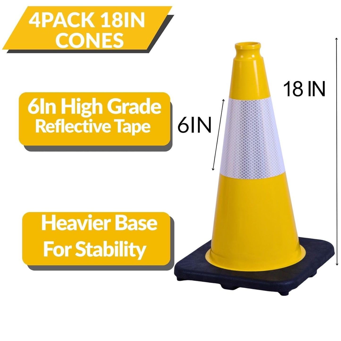 BESEA 4Pack 18 Inch Yellow Traffic Cones with 6 Inch Reflective Collar, Heavy Duty PVC Safety Cones with 10.5 x 10.5 Inch Base for Parking, Driving Practice, Sports Training, and Construction