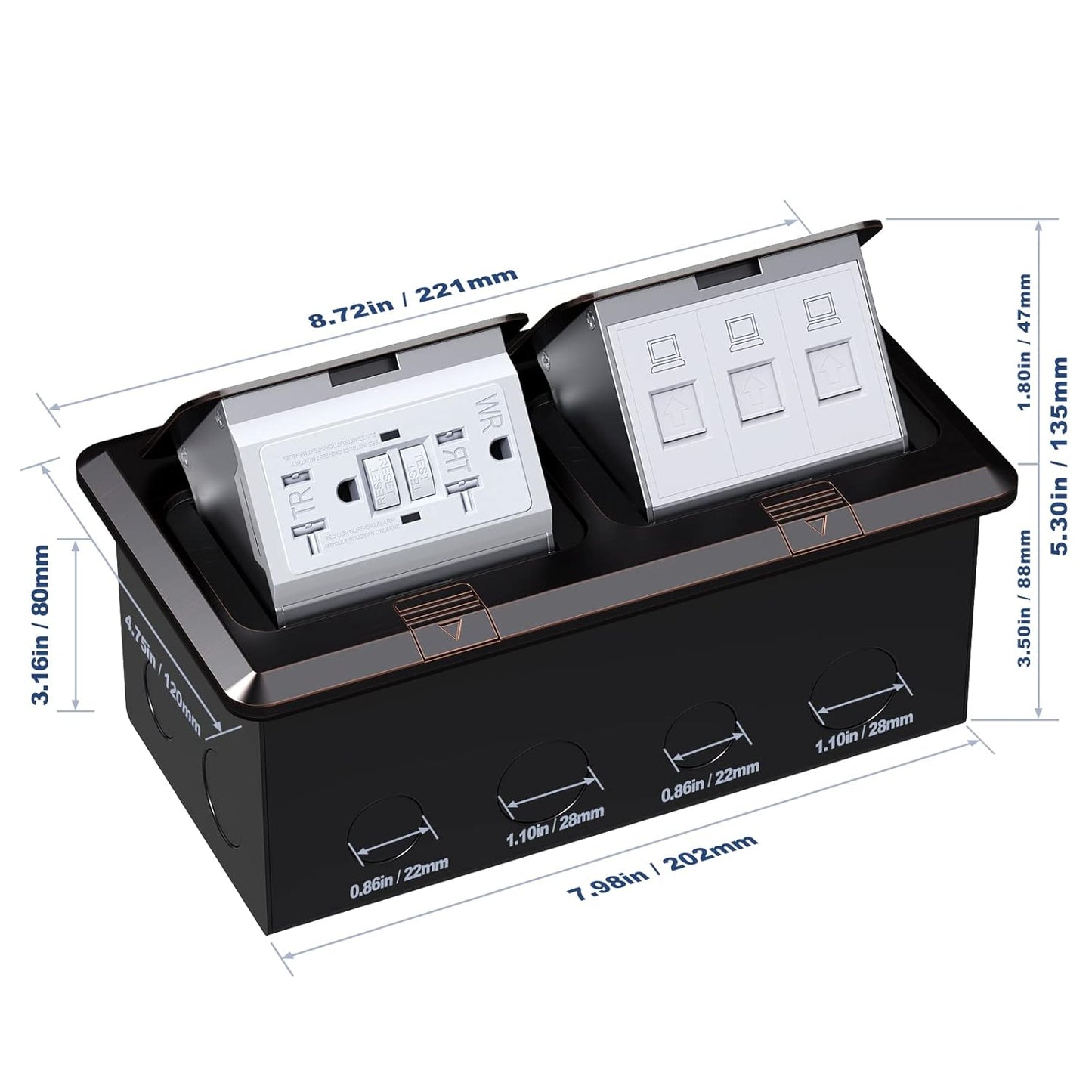 KYHSHJ Dual Pop-Up Floor Electrical Outlet Box Kit，20 Amp Stainless Steel GFCI TR Receptacle Outlet，3-Port RJ45 Datacom Receptacle，Oil Rubbed Bronze