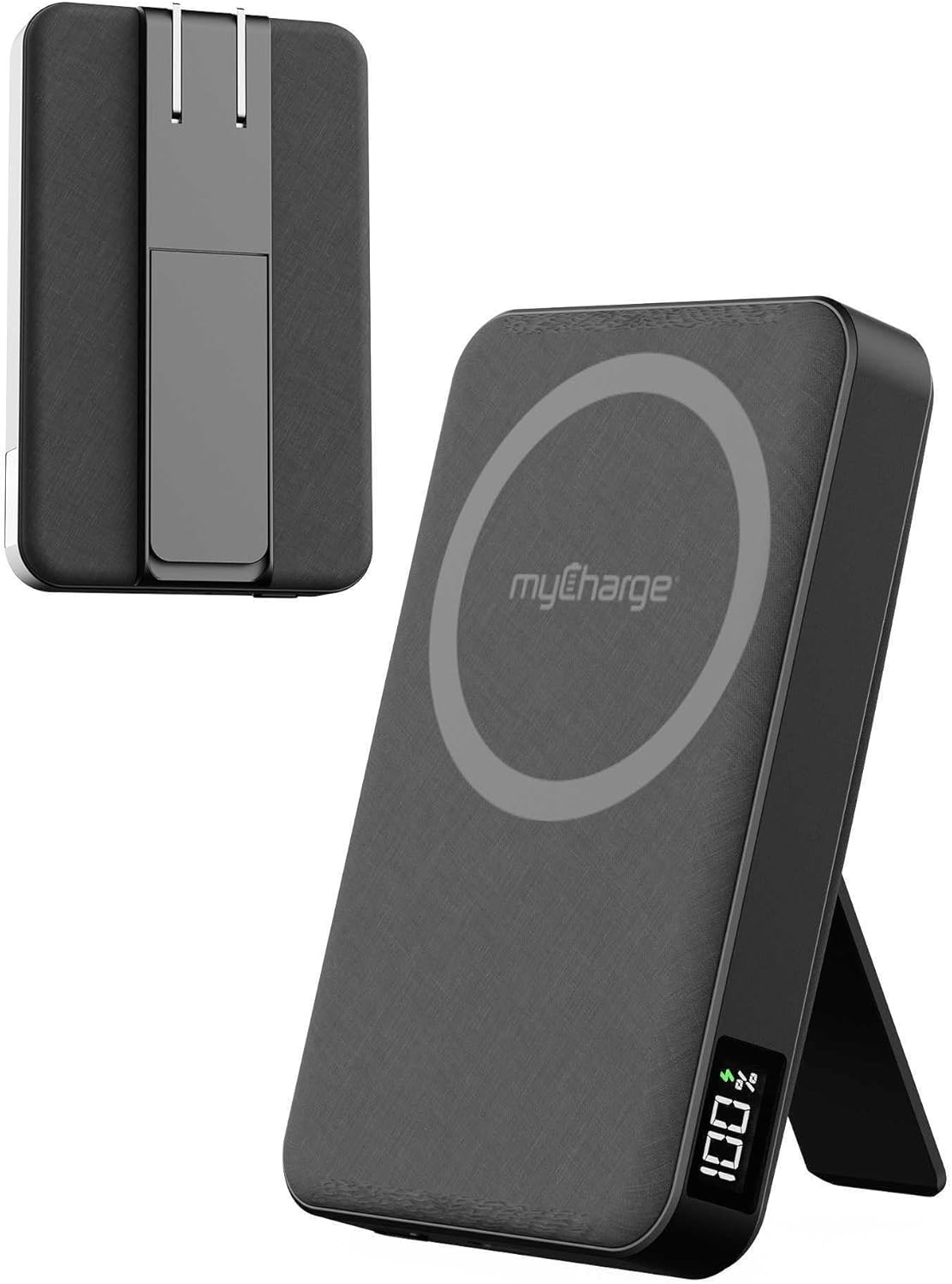 myCharge CliqLuxe+ 5000mAh 25W Wireless Magnetic Power Bank - Qi2.2 15W Fast Wireless Charging | Built-in Wall Plug & Stand | 20W PD USB-C Port | Digital Battery Display | Premium Black Fabric