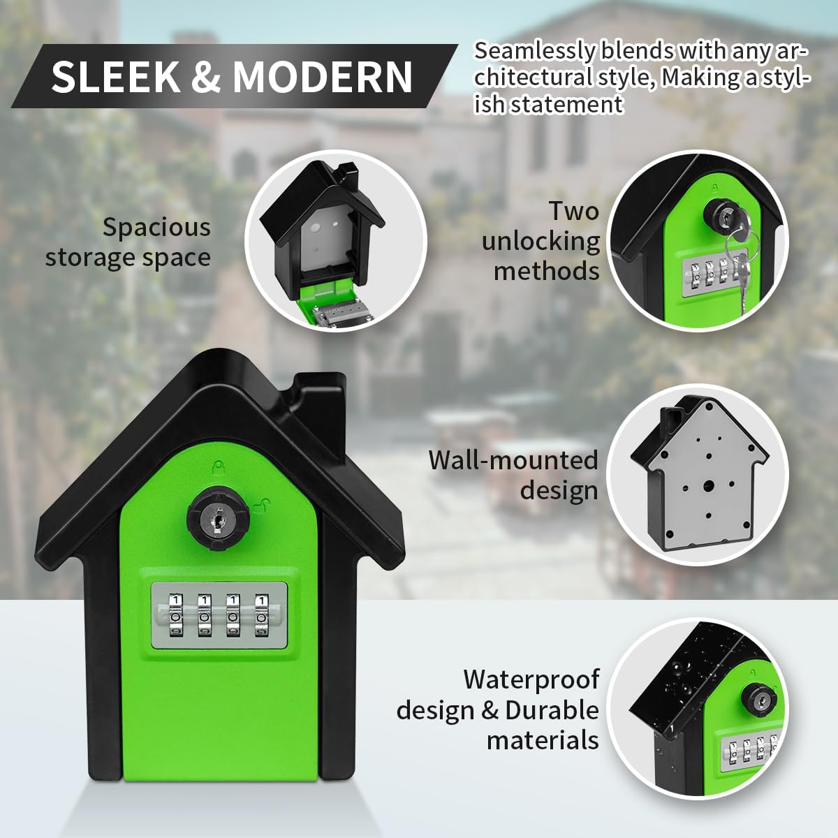 Key Lock Box with Combination lock & Key lock, Portable Large Capacity Key Storage Box Wall Mounted, Resettable Code, Waterproof Security Lock Box for Home, Office, Garage, Realtors Green(1 Pack)