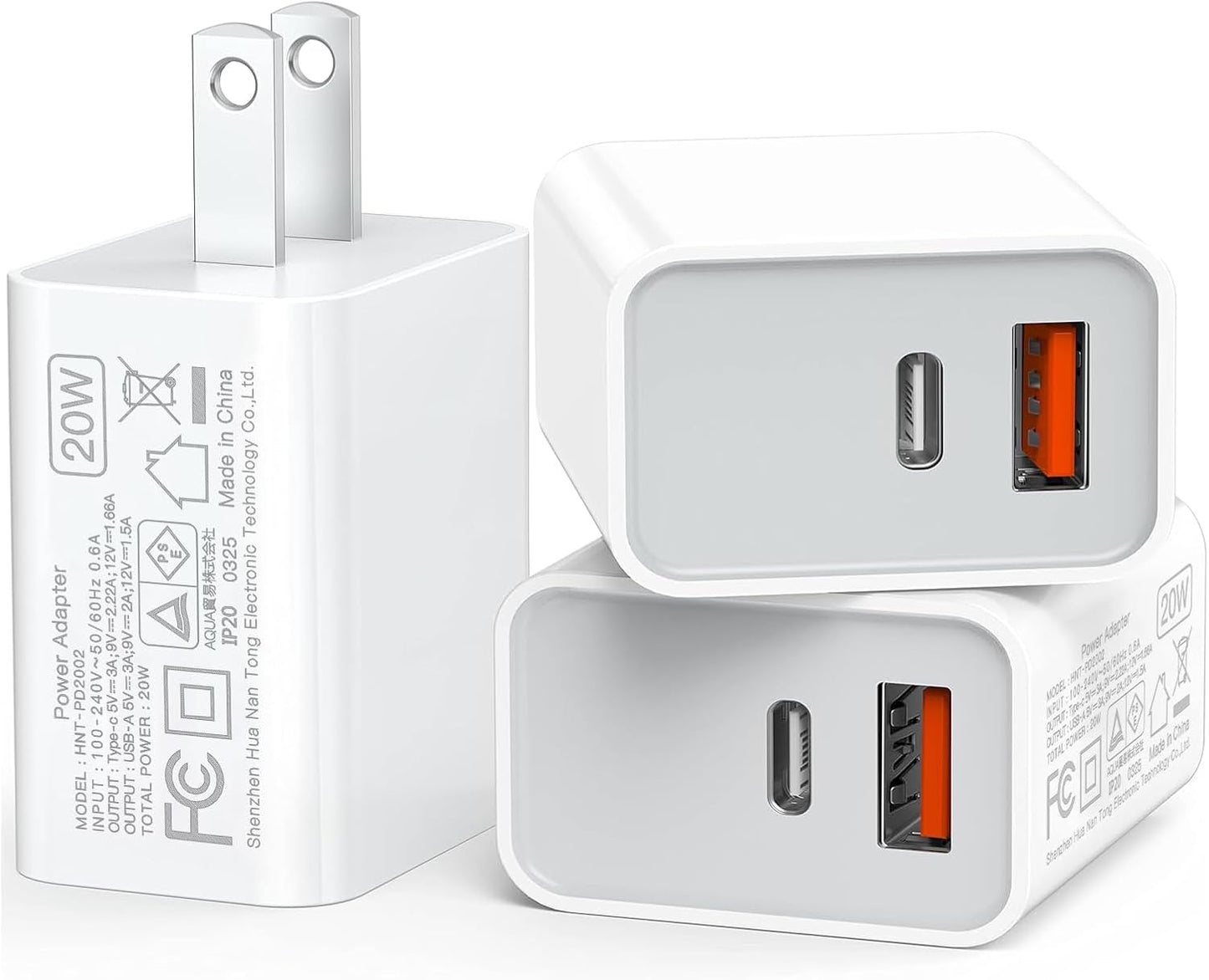 USB C Wall Charger Block 20W, 3-Pack Dual Port PD Power Delivery Fast Type C Charging Block Plug Adapter for iPhone 12/13/14/15/16/17/Pro Max, XS/XR/X, iPad Pro, AirPods Pro, Samsung Galaxy(White)