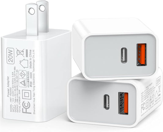USB C Wall Charger Block 20W, 3-Pack Dual Port PD Power Delivery Fast Type C Charging Block Plug Adapter for iPhone 12/13/14/15/16/17/Pro Max, XS/XR/X, iPad Pro, AirPods Pro, Samsung Galaxy(White)