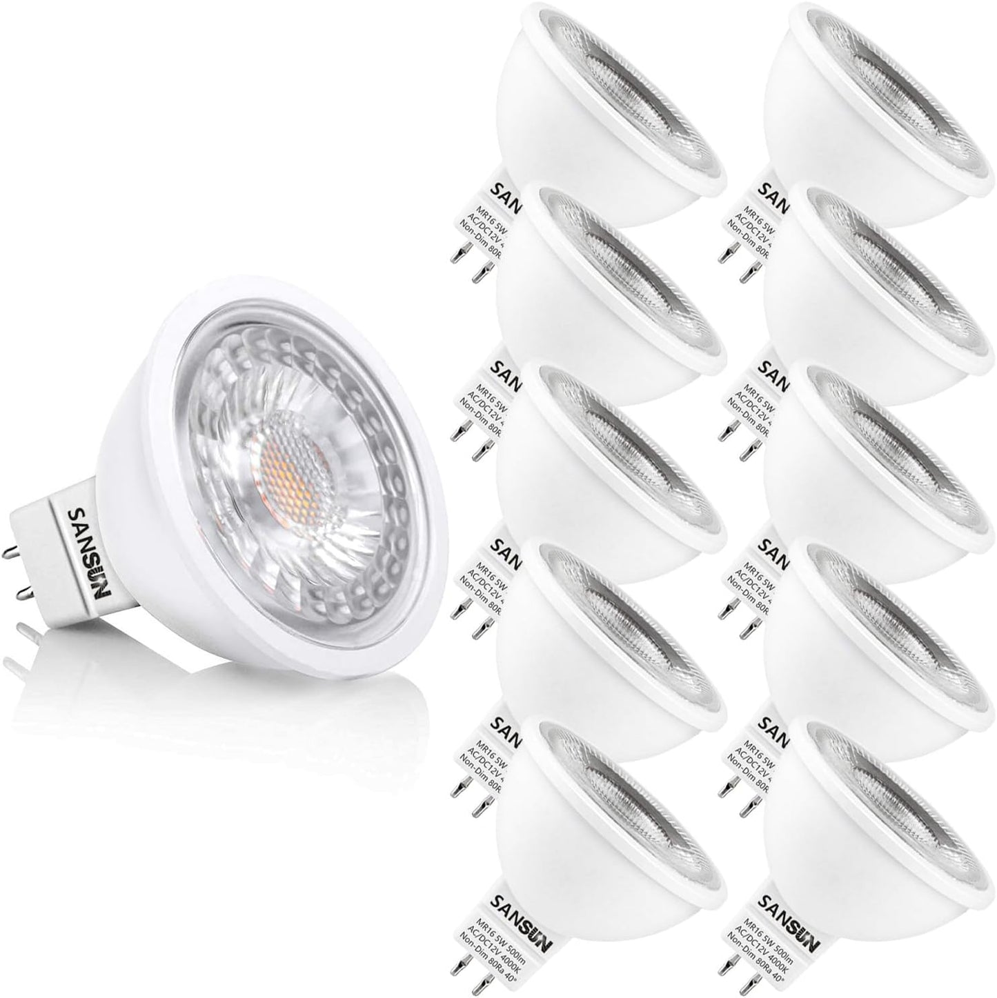 5W MR16 LED Landscape Light Bulbs, Low Voltage 12V 50W Halogen Replacement for Outdoor Landscape Spotlight and Track Light, GU5.3 Bi-Pin Base, Daylight White 4000K, Non-Dimmable, (Pack of 10)