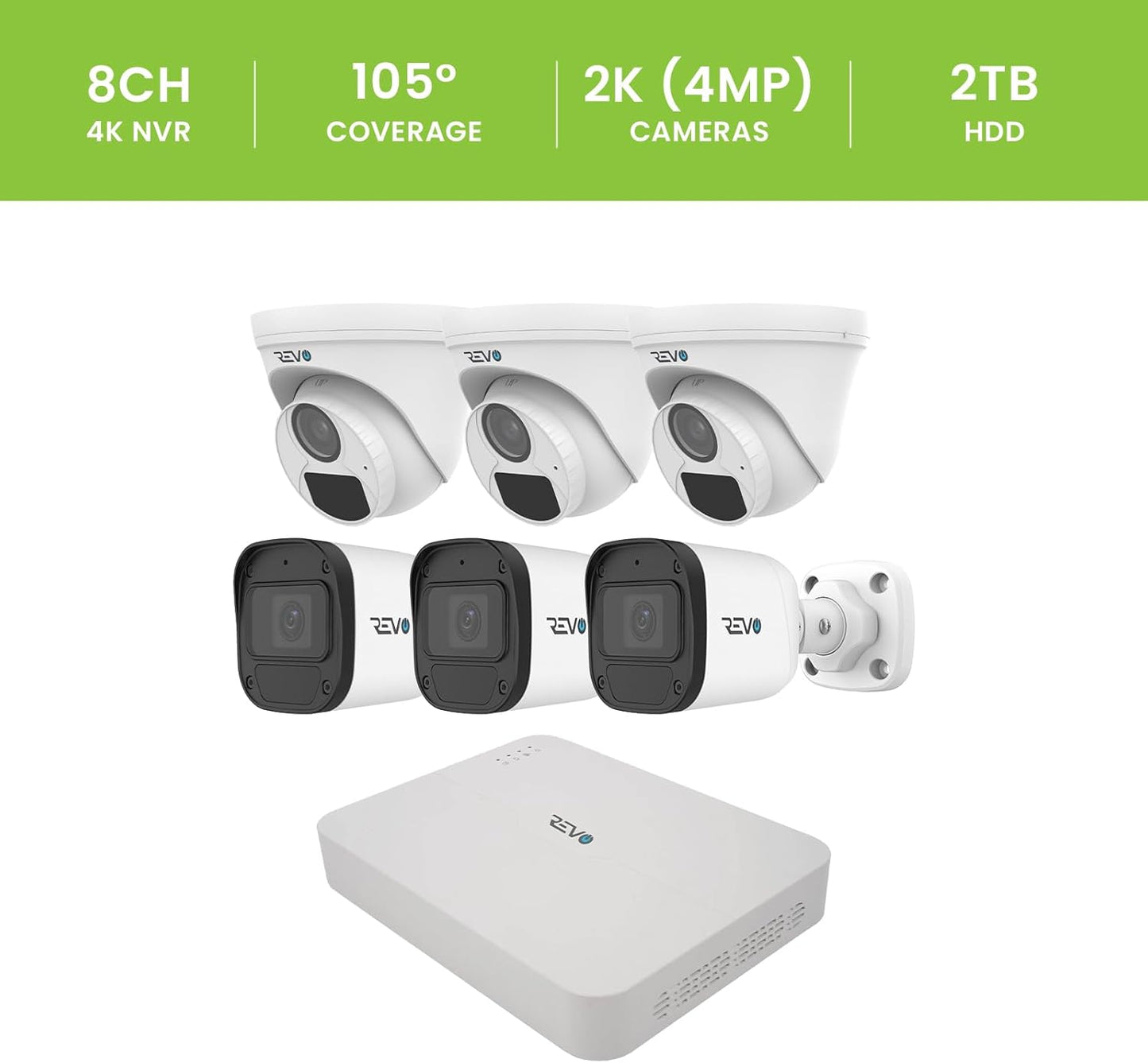Revo Ultra Blue Series 8CH 4K POE H.265 NVR, 2TB & 6X 2K (4mp) Indoor/Outdoor IR Cameras with Built-in Mic – Remote Access Via Pc, Mac & Phone (No Monthly Fee)