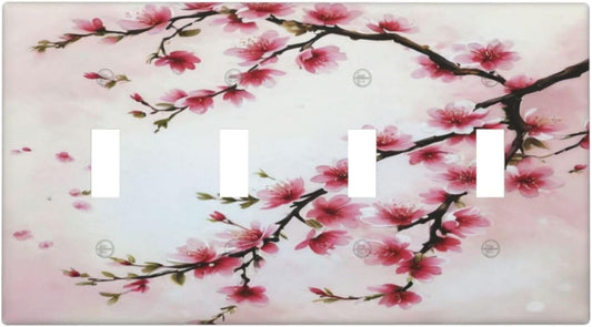 Branch with Pink Flowers Light Switch Covers Quad Toggle 4 Gang Wall Plate Decorative Switchplate Electrical Faceplate for Farmhouse Bathroom Living Decor