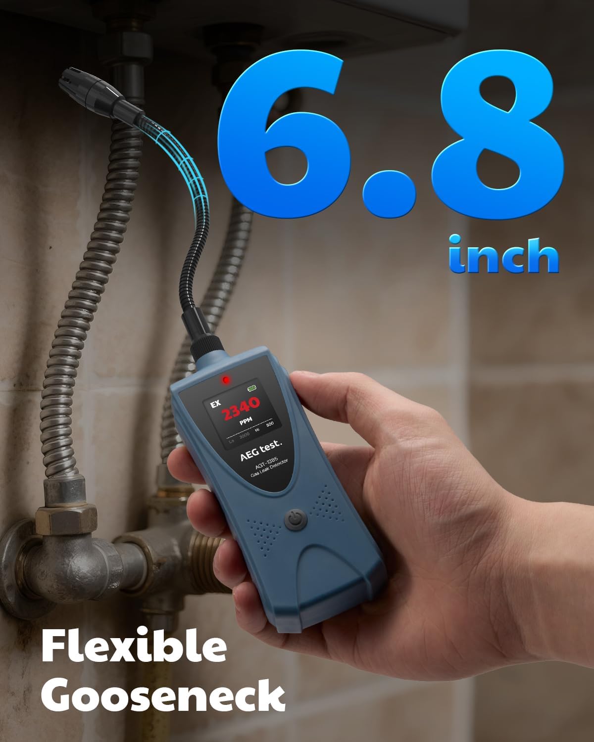 AGT-1385 Gas Leak Detector, Natural Gas Detector with 6.8-Inch Neck, Color Display, Visual & Audible Alarms for Methane, Propane & Other Combustible Leaks for Home & RV (Includes 2 Batteries)