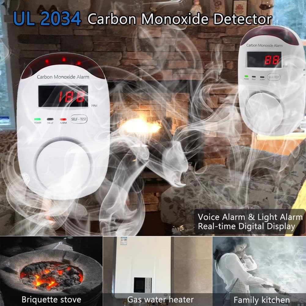 Plug-in Type Carbon Monoxide Alarm, CO Detector Monitor with LED Digital Display and Voice Alert for Home/Kitchen -1 Pack