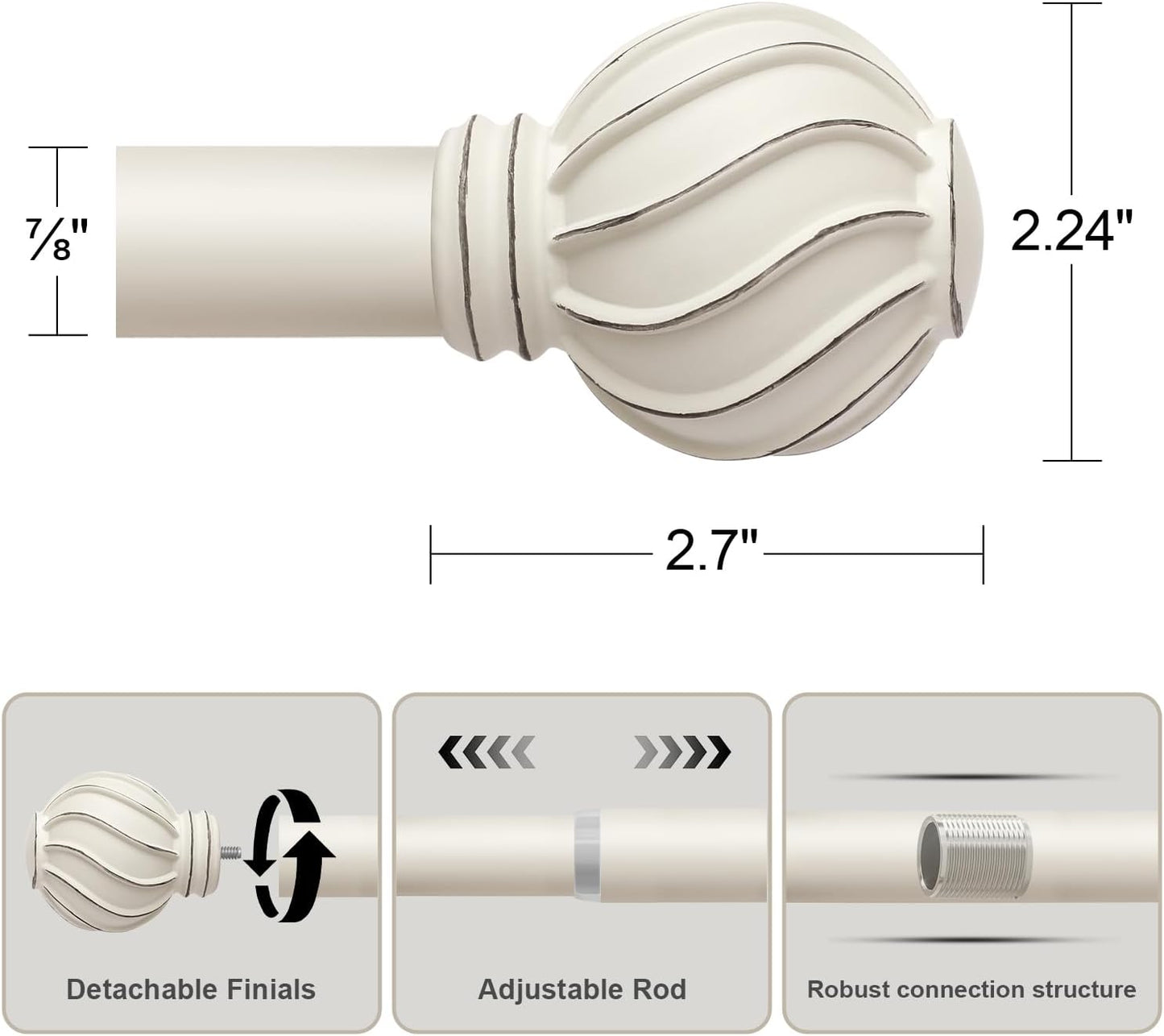 White Curtain Rods Set of 2 for Windows 48 to 84 Inch 7/8" Diamete Heavy Duty Adjustable Window Curtain Rod with Decorative Finials for Farmhouse Bedroom Living Room Kitchen Outdoor