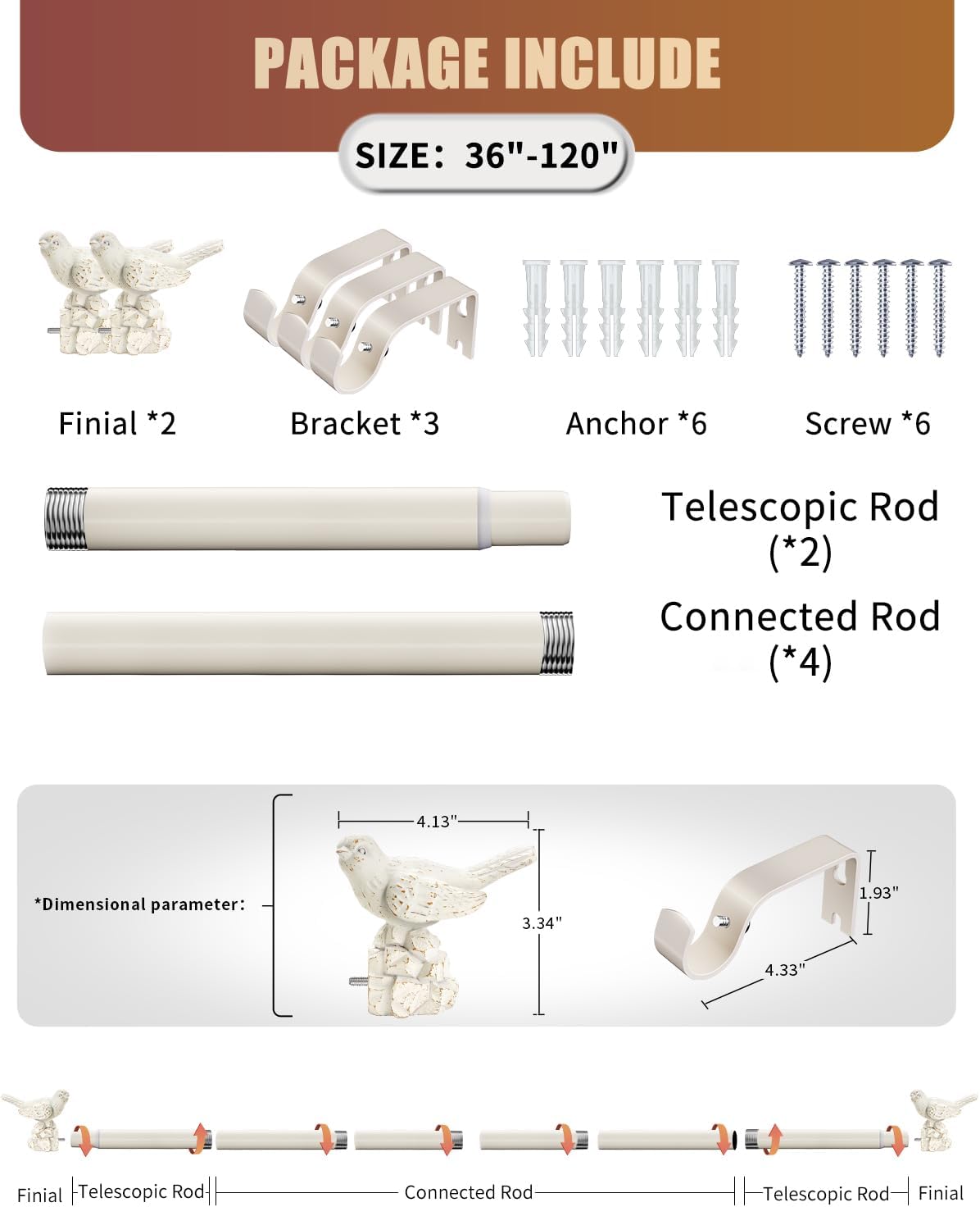 White Curtain Rod 36 to 120 Inches Curtain Rods for Windows Adjustable Drapery Rod with Bird Finials Heavy Duty Curtains Rods White for Kitchen Window Living Room
