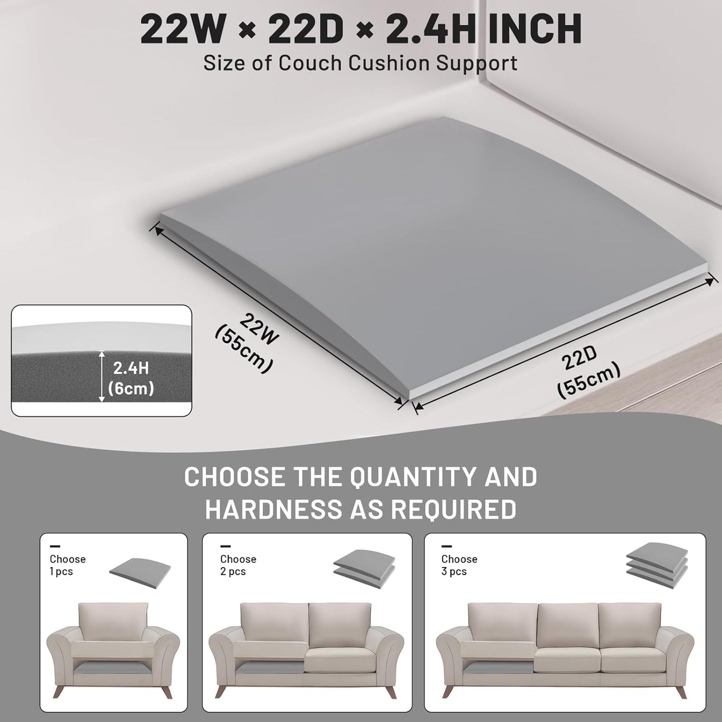 Couch Cushion Support for Sagging Seat – 3 Pack 22x22x2.4 Inch Sofa Cushion Board Saver & Replacement Insert for Saggy Couch or Chair, Quick No-Tool Install with 40D High Density Foam