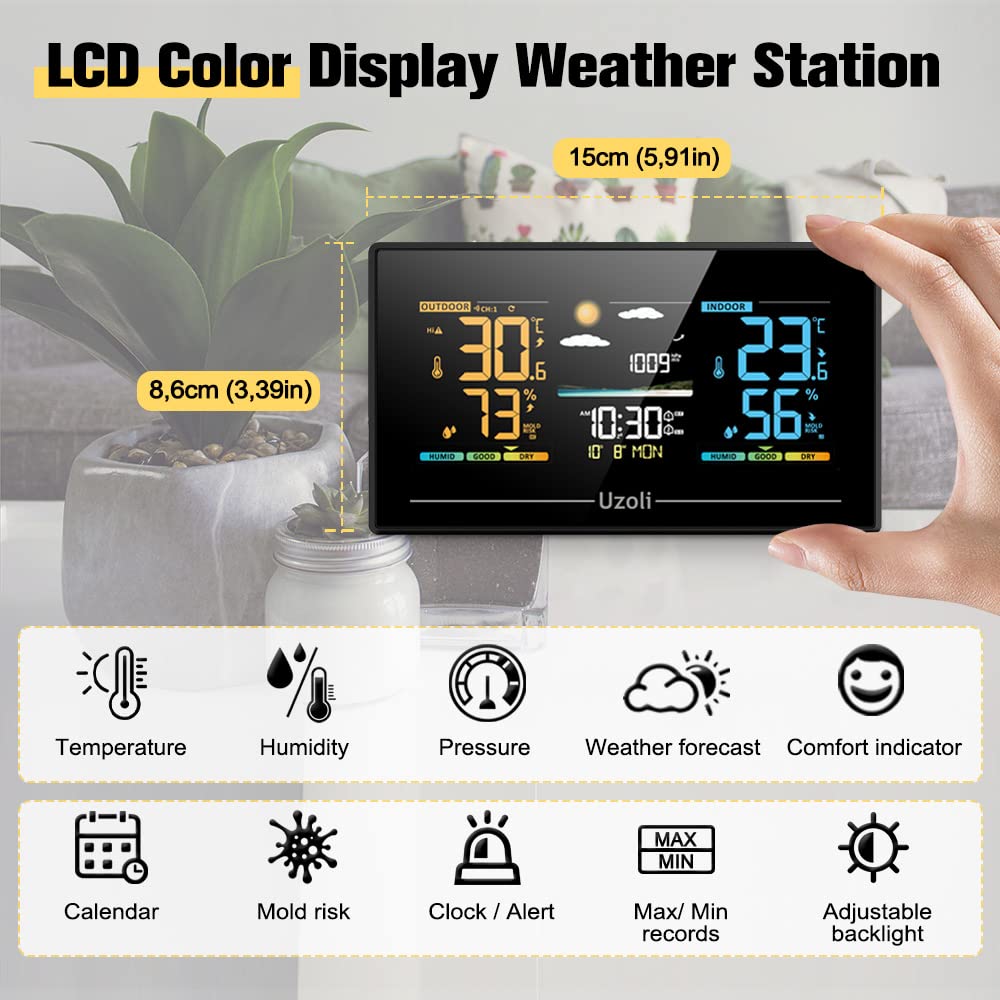 Uzoli EM3405 Weather Station Indoor Outdoor Wireless Thermometer Hygrometer, Temperature Humidity Monitor with Remote Sensor, Digital Weather Forecast Station for Home Use