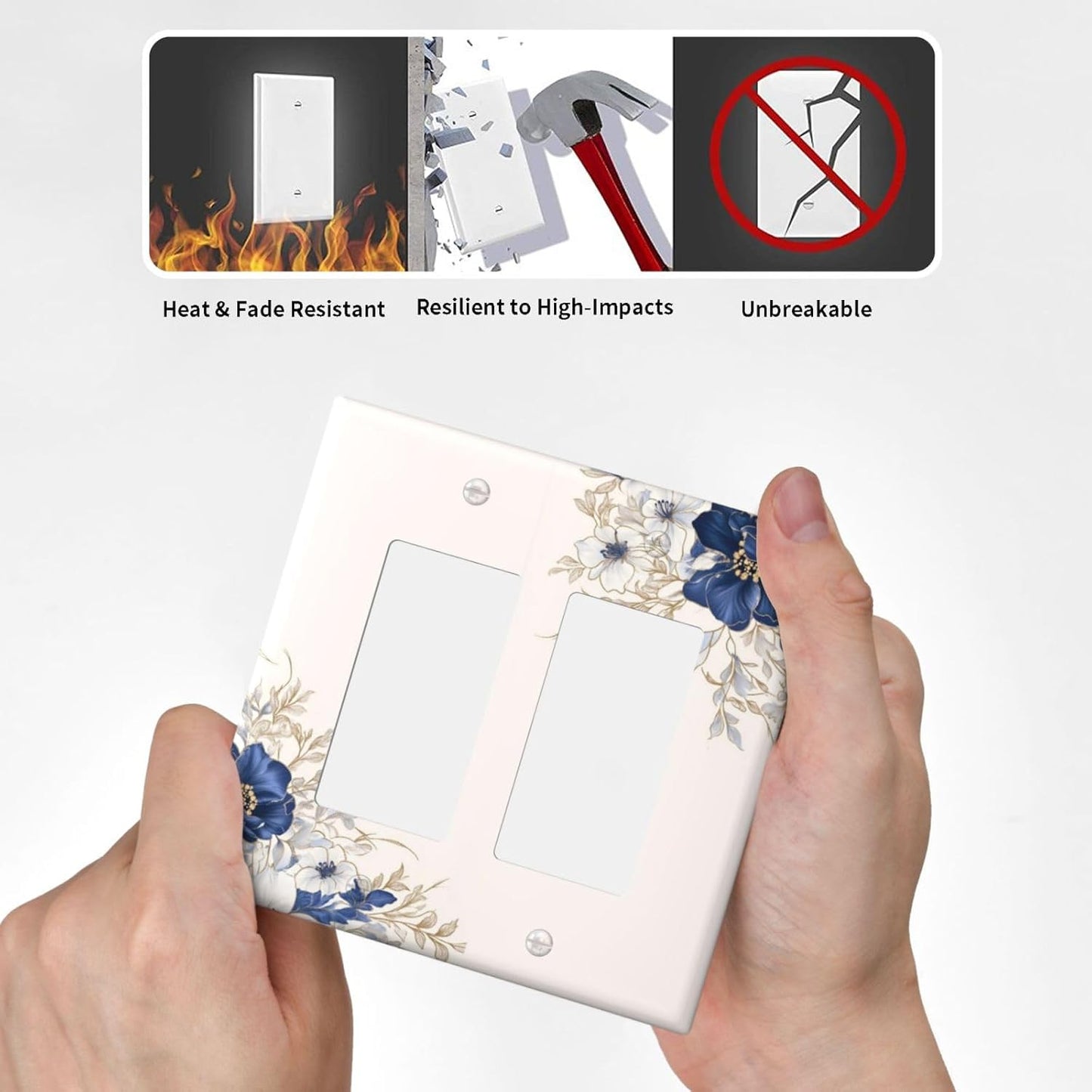 Decorative Outlet Covers Rustic Blue Beige Flower Peony Floral 2 Gang Light Switch Cover Plate Double Rocker Wall Plates for Electrical Outlets Switch Plate Covers for Bedroom Home Decor