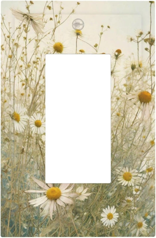 White Wildflowers Daisy Vintage Floral Decorative Outlet Covers 1 Gang Single Rocker Light Switch Cover Plate Wall Plates GFCI Faceplate for Bed Room Living Room Decor