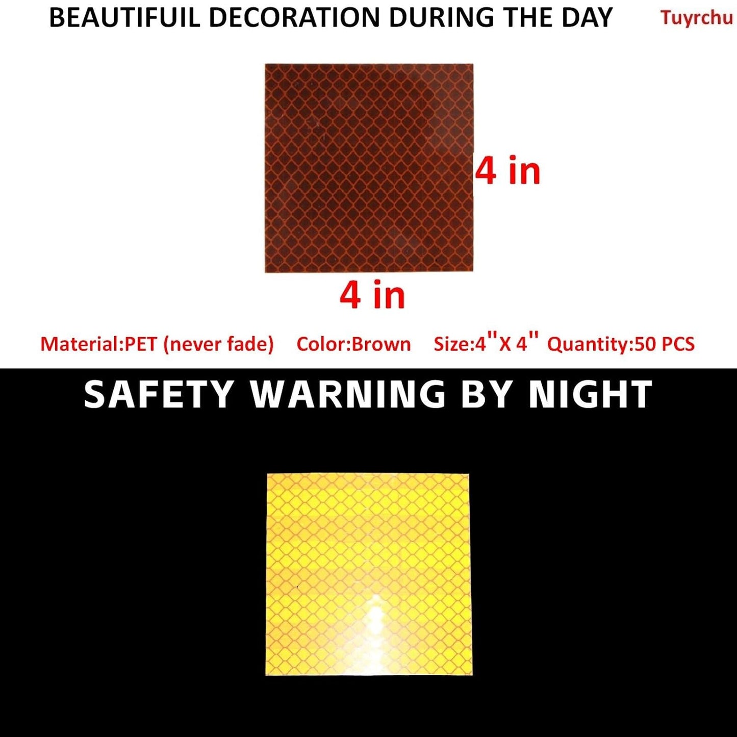 Non Fading Brown Reflective Stickers 4 inch X 4 inch, Outdoor Waterproof High Visibility Warning Safety Adhesive Reflector Tape (50 Pcs)
