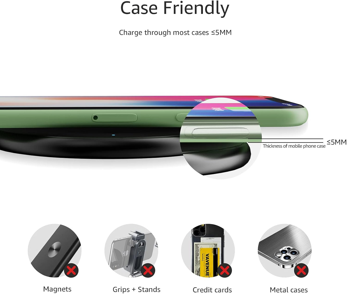 Amazon Basics 15W Qi Certified Wireless Charging Pad for iPhone 16/15/14/13/12/11/X, Samsung and More, with USB Cable, Black