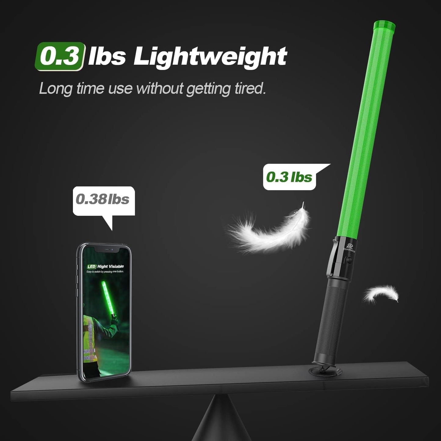 RoadHero 2 Pack 21 Inch Traffic Wands, Green Led Traffic Control Baton, Night Safety Light Wand with 2 Flashing Modes, Air Marshaling Signal Wand with Side Clip for Airport, Parking, Car Directing