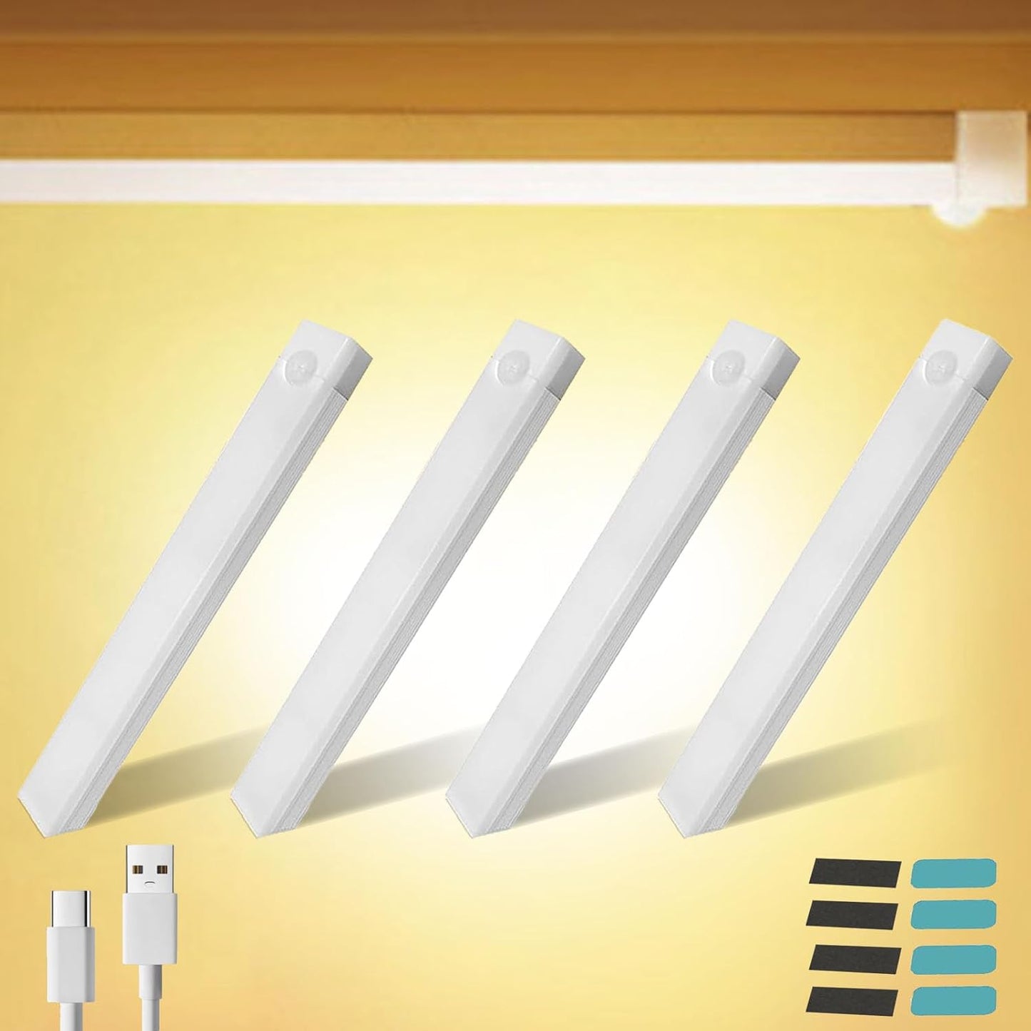 4 PCS Punch-Free Smart Sensor Magnetic Rechargeable Led Lights, Motion Sensor Light Indoor, USB C Rechargeable Closet Under Counter Lighting for Kitchen,Cupboard,Wardrobe (3.9in Warm Light)