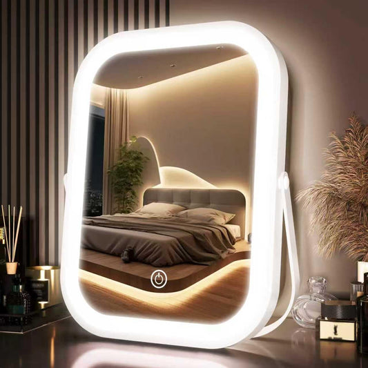 PRIMETEK Travel Makeup Mirror with Lights, Portable Small Beauty LED Vanity Mirror with Lights, 1200mAh Battery, Dimmable Touch Screen, Tabletop Folding Compact Mirror,Women Gift